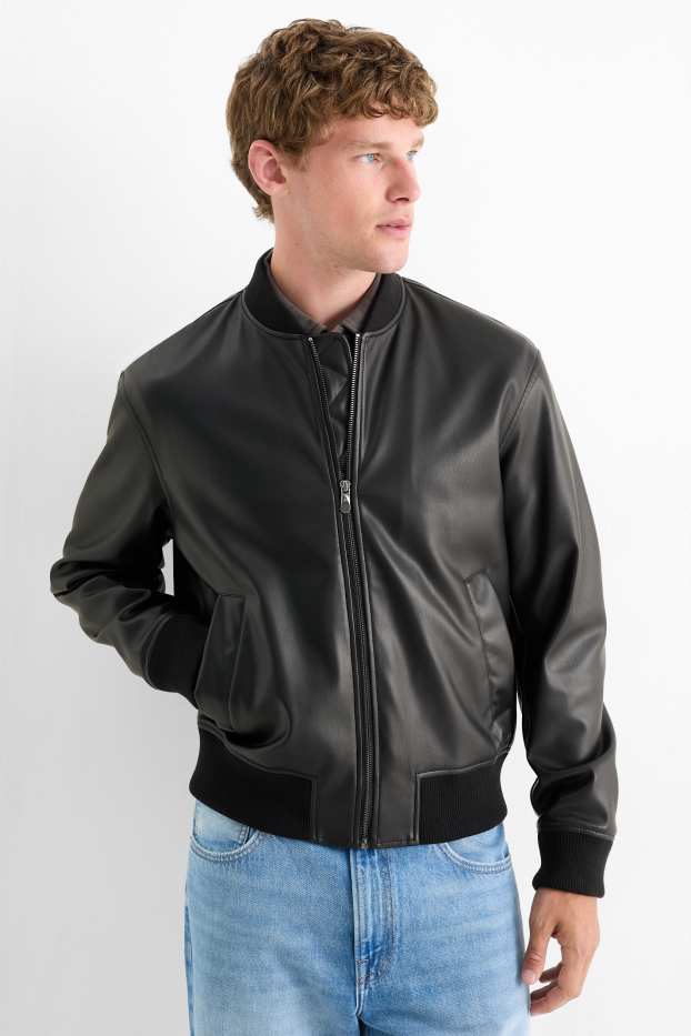 Men - Bomber jacket - faux leather - black
