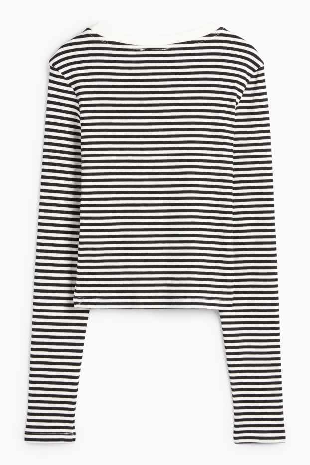 Dames - Korte longsleeve - geribd - met strepen - zwart / wit