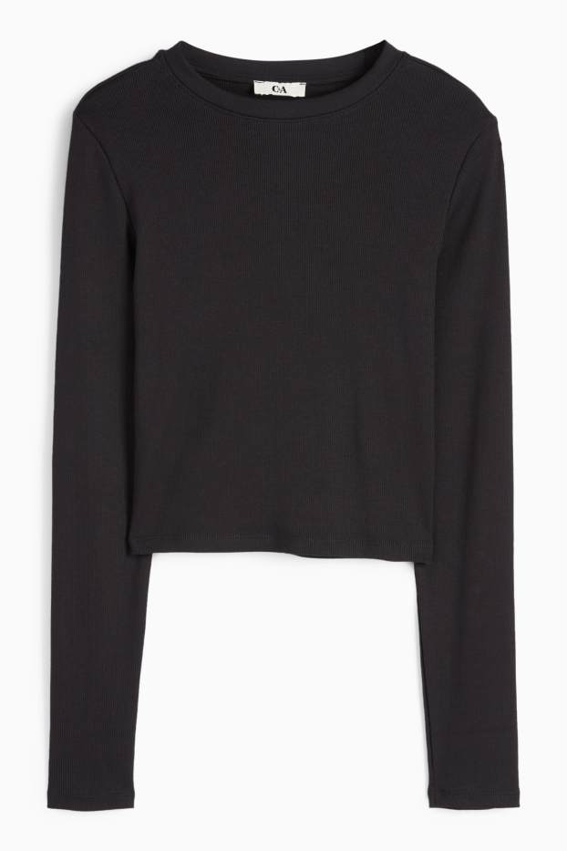 Femei - Tricou crop cu mânecă lungă - reiat - negru