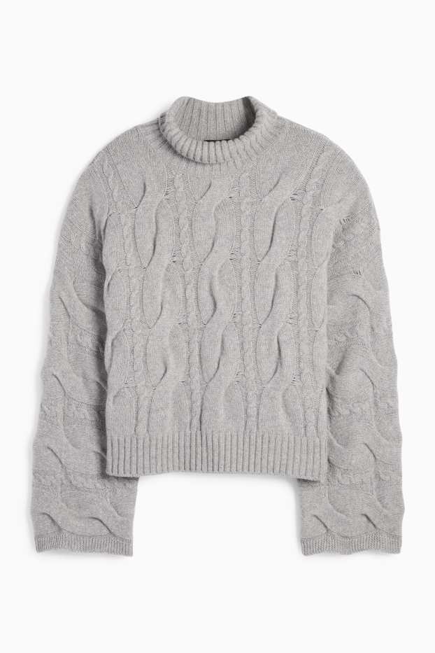 Women - Cashmere turtleneck jumper - cable knit pattern - gray