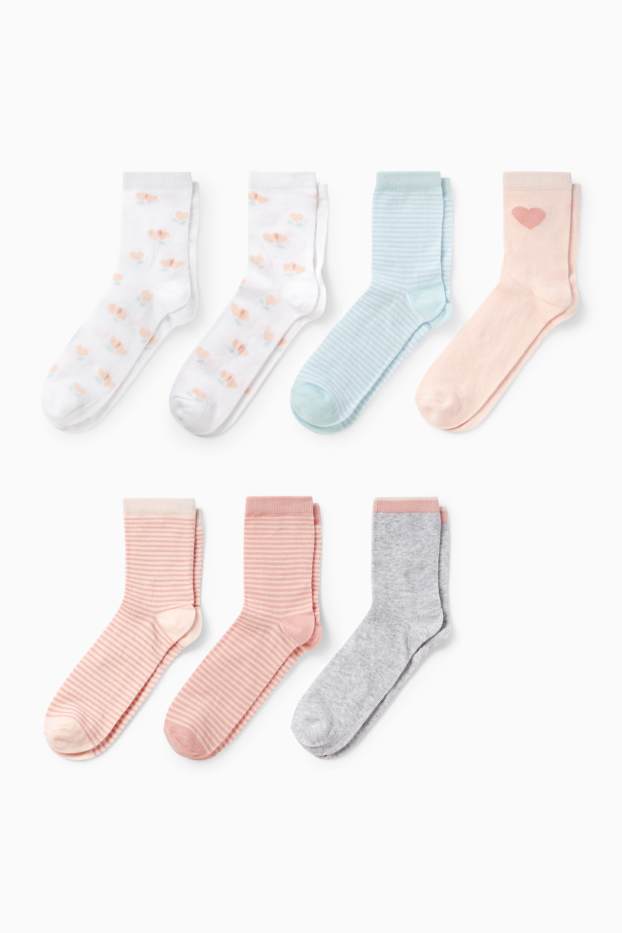 Copii - Fete - Multipack 7 perechi - inimă și floare - șosete cu motive - roz