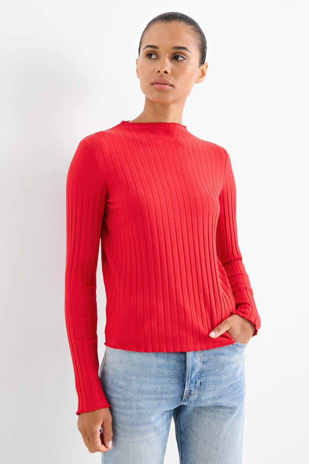 Femei - Tricou cu mânecă lungă - reiat - roșu