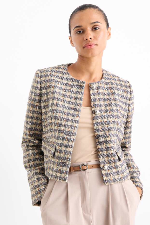 Femei - Blazer din bouclé - relaxed fit - aspect lucios - în carouri - albastru / bej