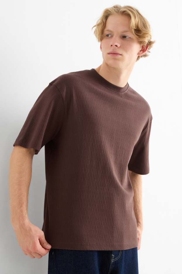 Bărbați - Tricou - relaxed fit - reiat - maro închis