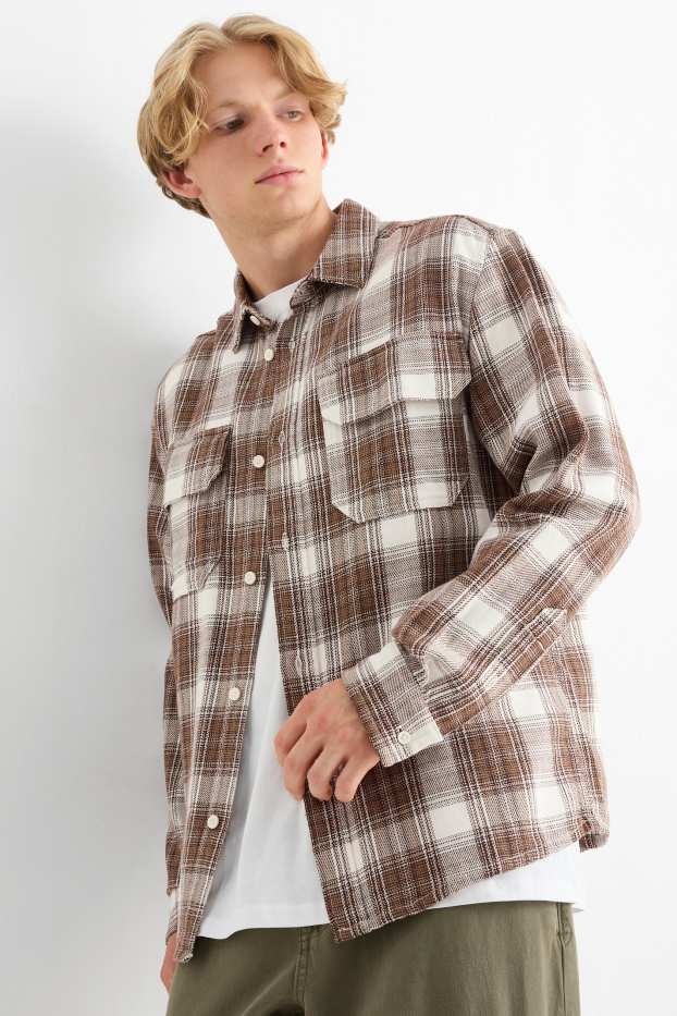 Bărbați - Cămașă din flanel - relaxed fit - guler Kent - în carouri - bej / maro