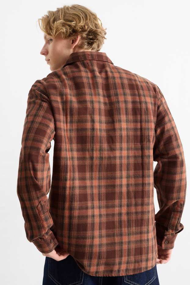 Bărbați - Cămașă din flanel - relaxed fit - guler Kent - în carouri - maro închis