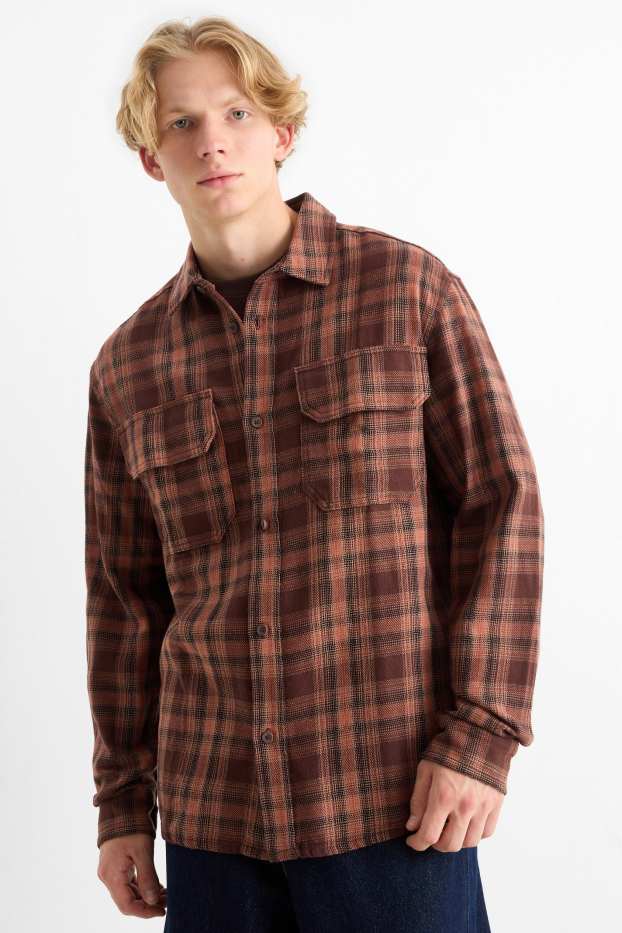 Bărbați - Cămașă din flanel - relaxed fit - guler Kent - în carouri - maro închis