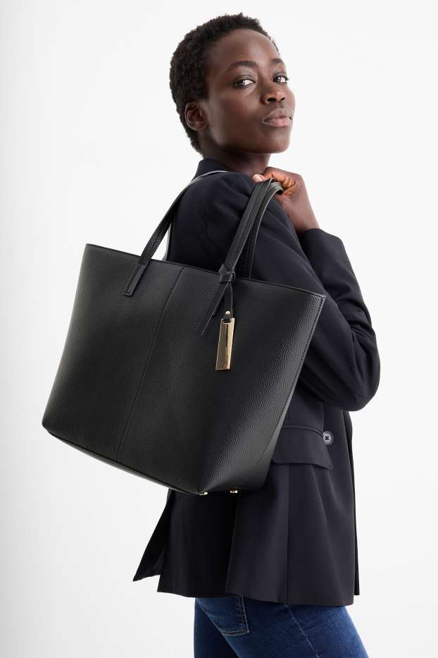 Dámské - Velká kabelka shopper - imitace kůže - černá