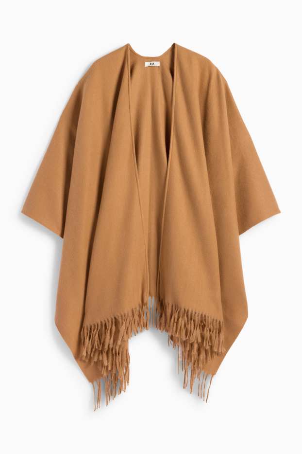 Femei - Poncho cu franjuri - maro deschis