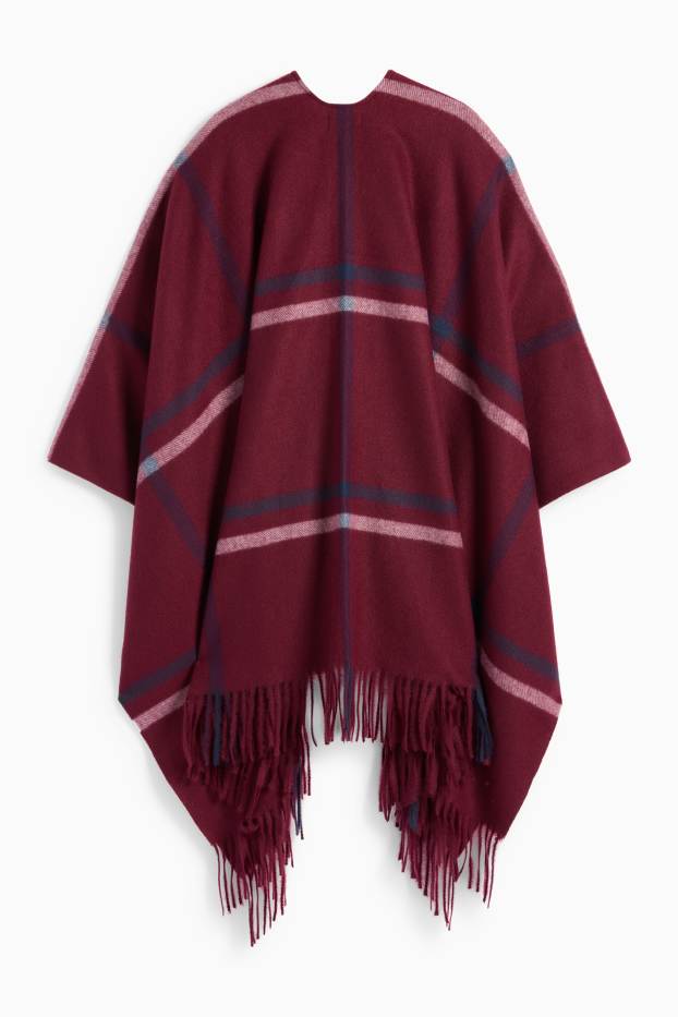 Femei - Poncho cu franjuri - în carouri - bordo