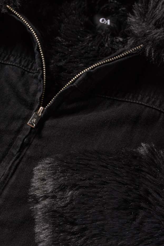 Femei - Jachetă din denim cu aplicații din blană artificială - căptușită - negru
