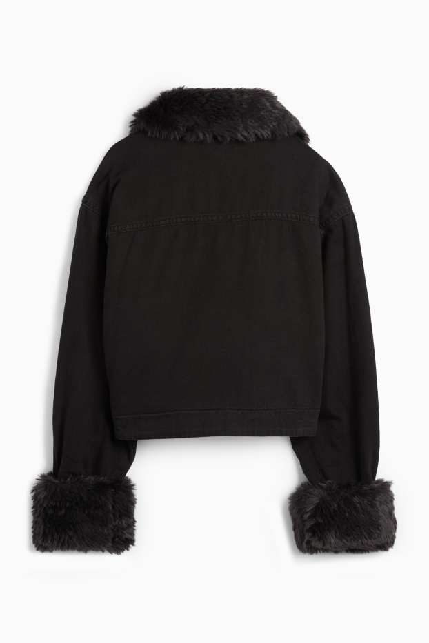 Femei - Jachetă din denim cu aplicații din blană artificială - căptușită - negru