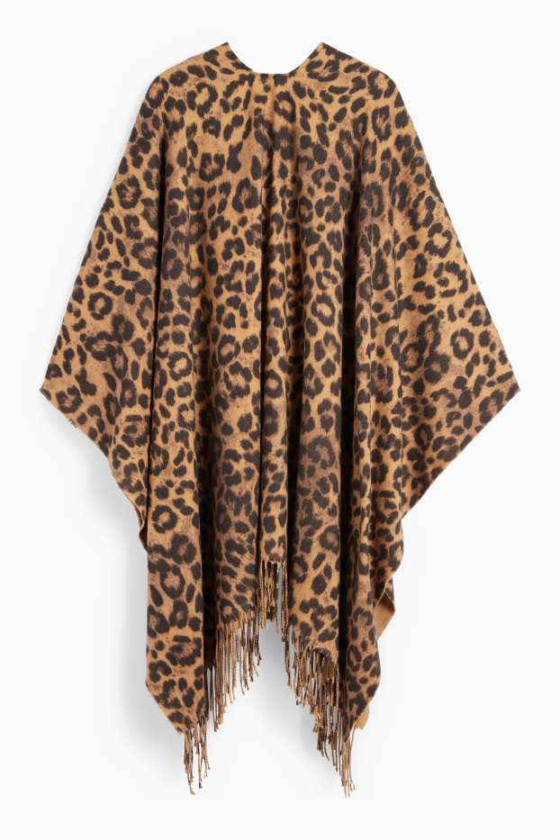 Femei - Poncho cu franjuri - imprimeu de leopard - negru / nej