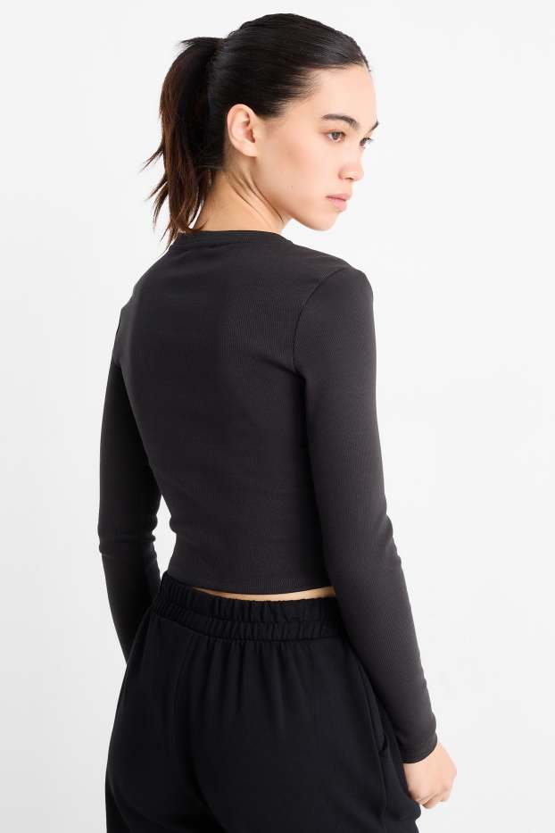 Femei - Tricou crop cu mânecă lungă - reiat - negru