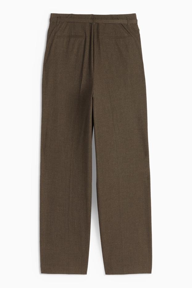 Dámské - Plátěné kalhoty s páskem - high waist - wide leg - hnědá