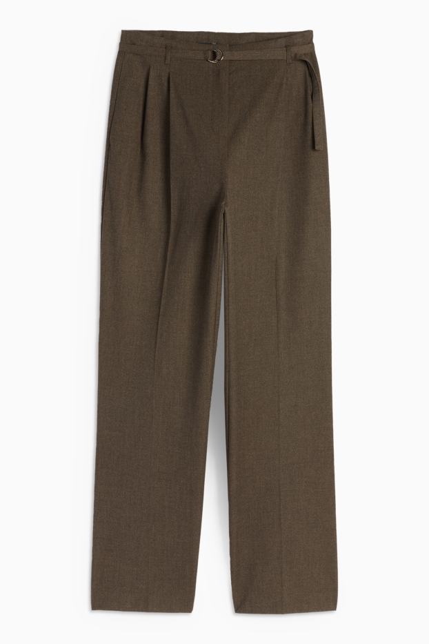 Dámské - Plátěné kalhoty s páskem - high waist - wide leg - hnědá