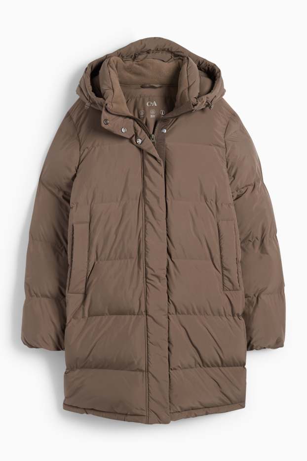 Dámské - Prošívaný kabát s kapucí - z vodoodpudivého materiálu - hnědá
