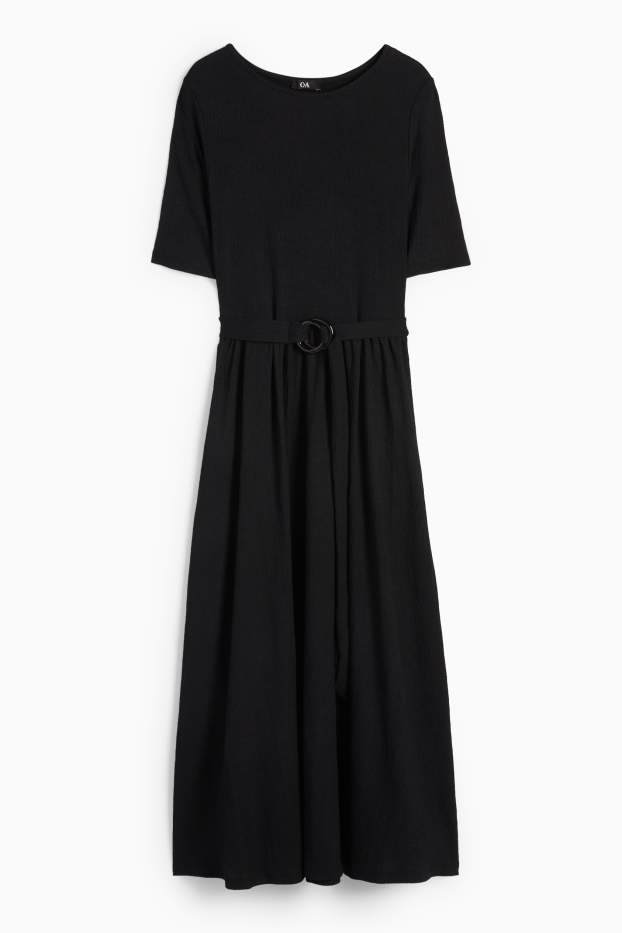 Dámské - Šaty fit & flare s páskem - strukturované - černá