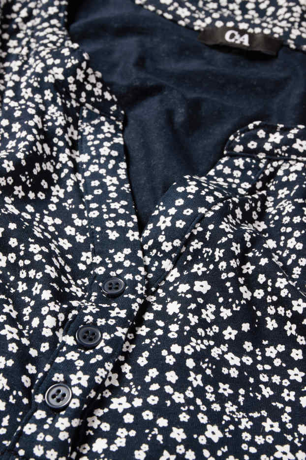 Femei - Tricou cu decolteu în V - cu flori - albastru închis
