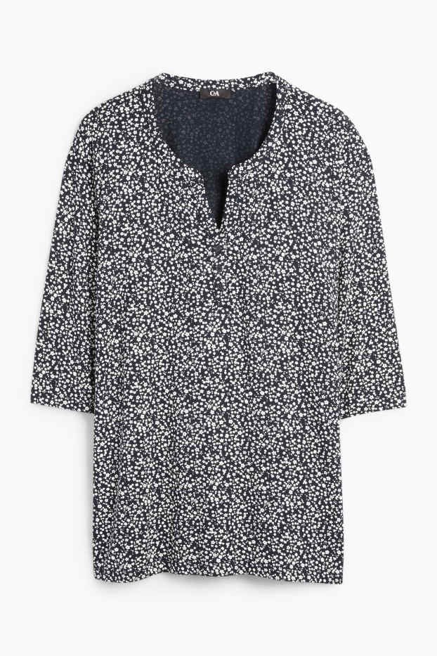 Femei - Tricou cu decolteu în V - cu flori - albastru închis