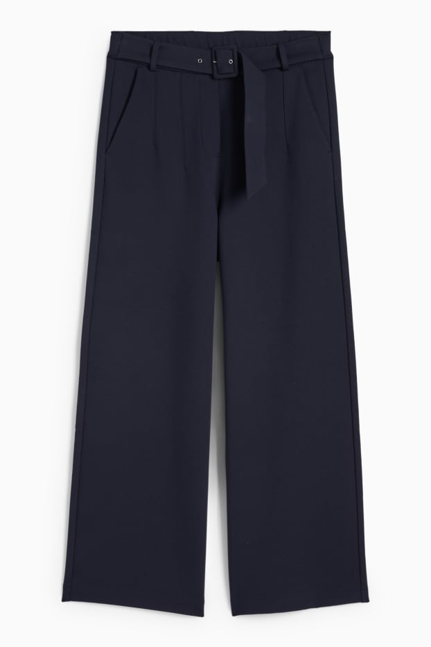 Femei - Pantaloni din jerseu cu curea - talie înaltă - wide leg - albastru închis