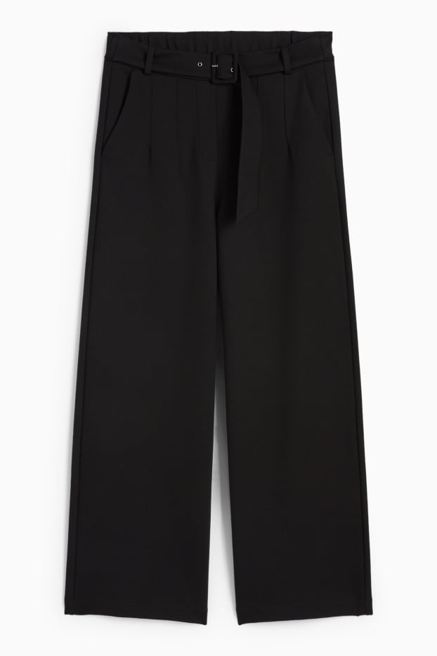 Femei - Pantaloni din jerseu cu curea - talie înaltă - wide leg - negru