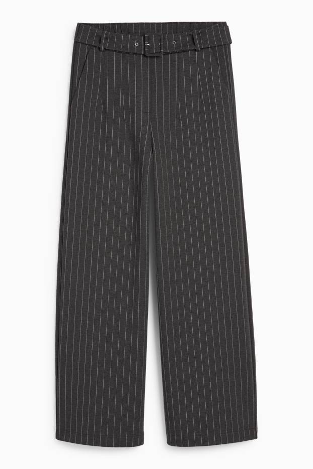 Women - Jersey trousers with belt - high-rise waist - wide leg - dark gray