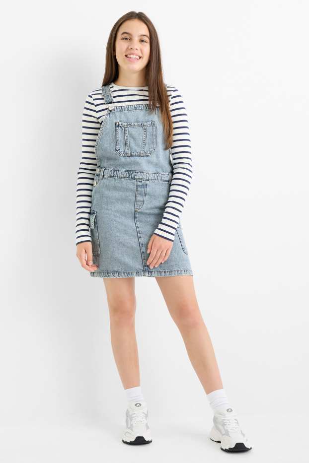 Copii - Fete - Set - tricou cu mânecă lungă și rochie-salopetă din denim - 2 piese - denim-albastru deschis