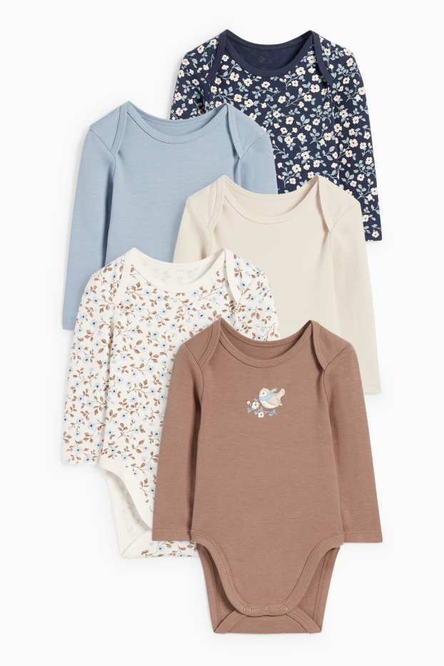 Bebeluși - fete - Multipack 5 buc. - pasăre și floricele - body bebeluși - albastru / bej
