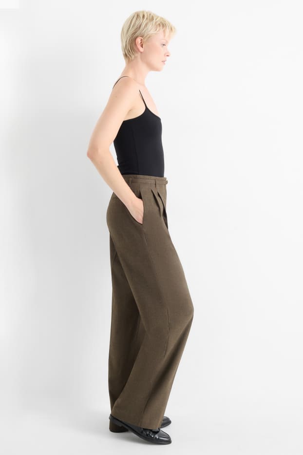 Dámské - Plátěné kalhoty s páskem - high waist - wide leg - hnědá