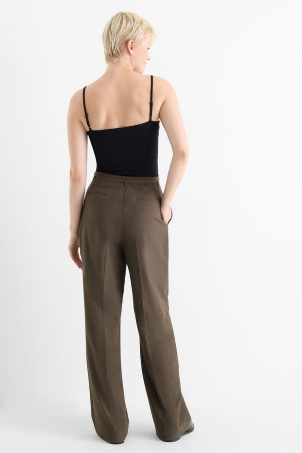 Dámské - Plátěné kalhoty s páskem - high waist - wide leg - hnědá