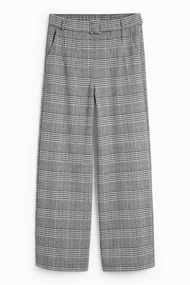 Femei - Pantaloni din jerseu cu curea - talie înaltă - wide leg - în carouri - negru / alb