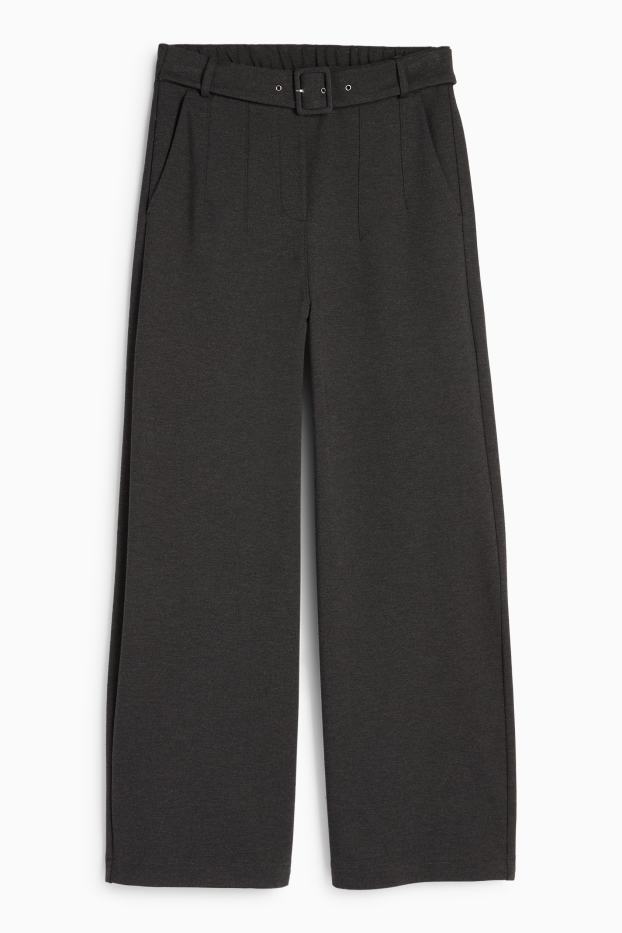 Women - Jersey trousers with belt - high-rise waist - wide leg - dark gray