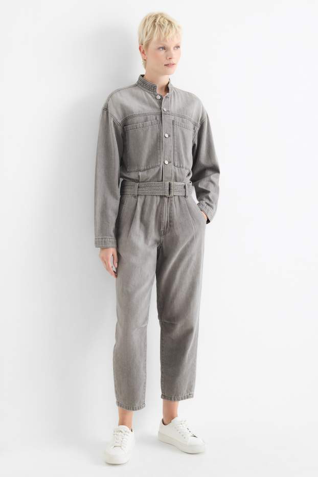 Femei - Salopetă din denim cu curea - denim-gri deschis