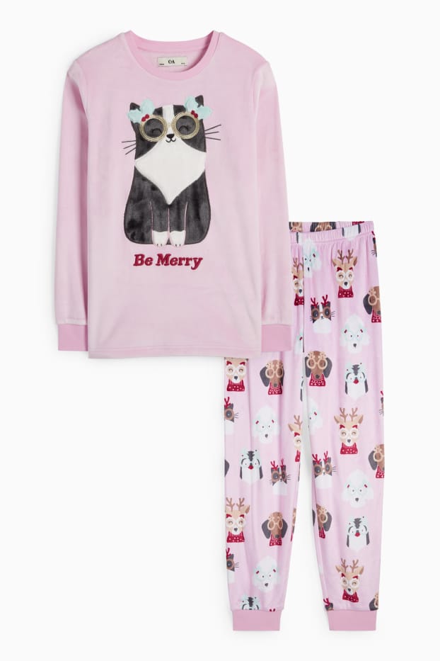 Copii - Fete - Câini și pisici - pijama cu motive de Crăciun - 2 piese - roz
