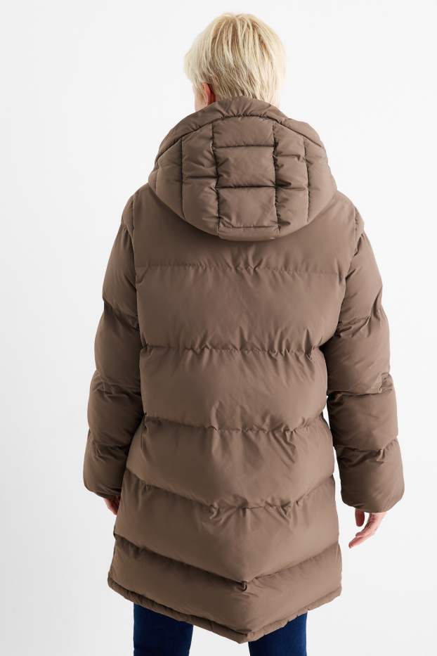 Dámské - Prošívaný kabát s kapucí - z vodoodpudivého materiálu - hnědá