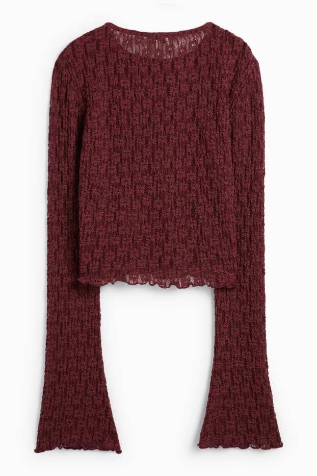 Femei - Tricou crop cu mânecă lungă și dantelă - slim fit - bordo