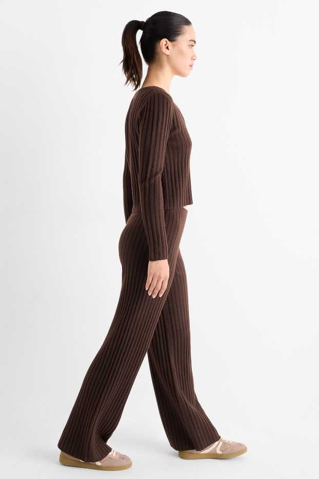 Women - Knitted trousers - low-rise waist - ribbed - dark brown