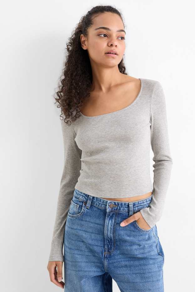 Damen - Langarmshirt - gerippt - hellgrau-melange
