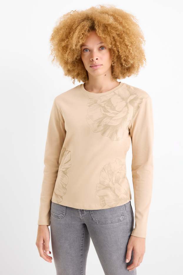 Femmes - Haut à manches longues - motif floral - beige