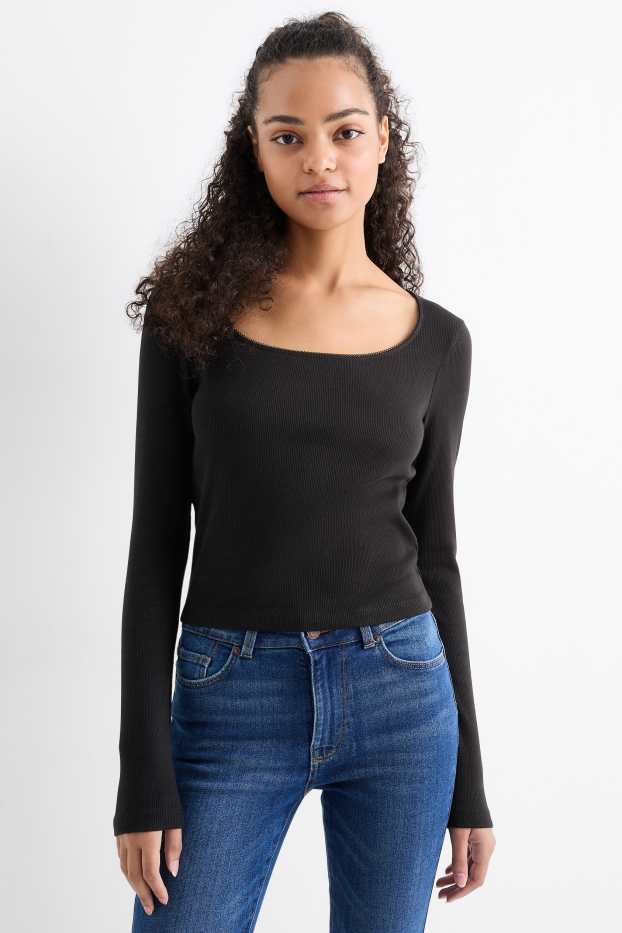 Femei - Tricou crop cu mânecă lungă - reiat - negru