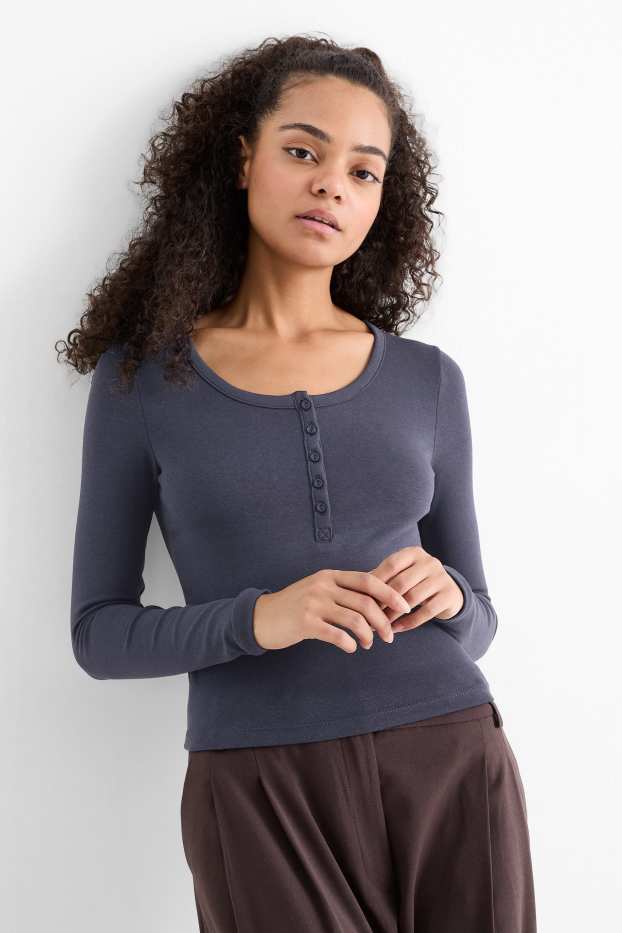 Donna - Camicia corta serafino - slim fit - blu scuro