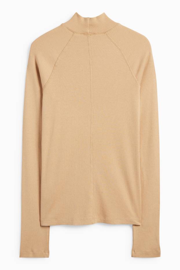 Women - Long sleeve top - slim fit - ribbed - light beige