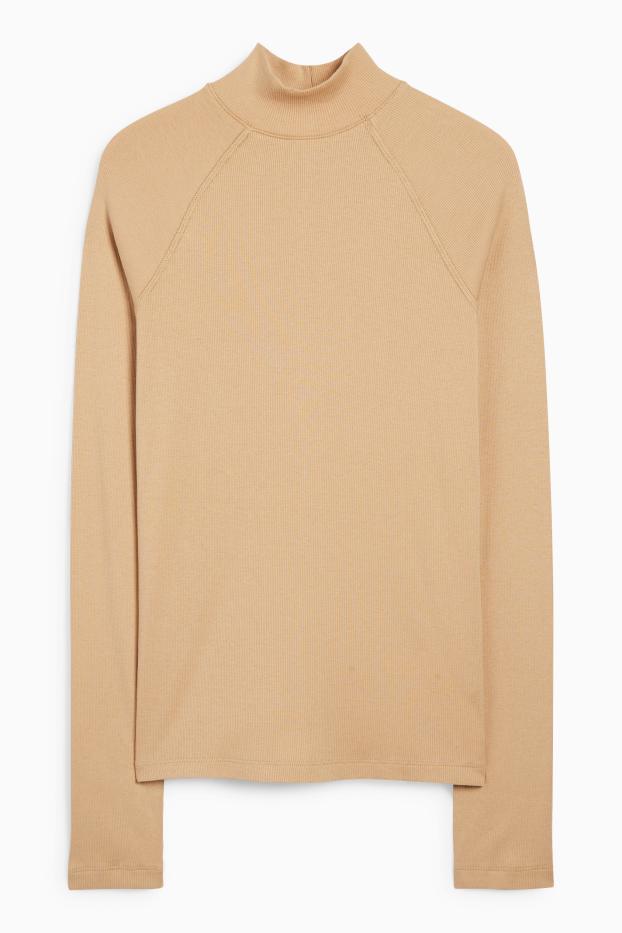 Women - Long sleeve top - slim fit - ribbed - light beige