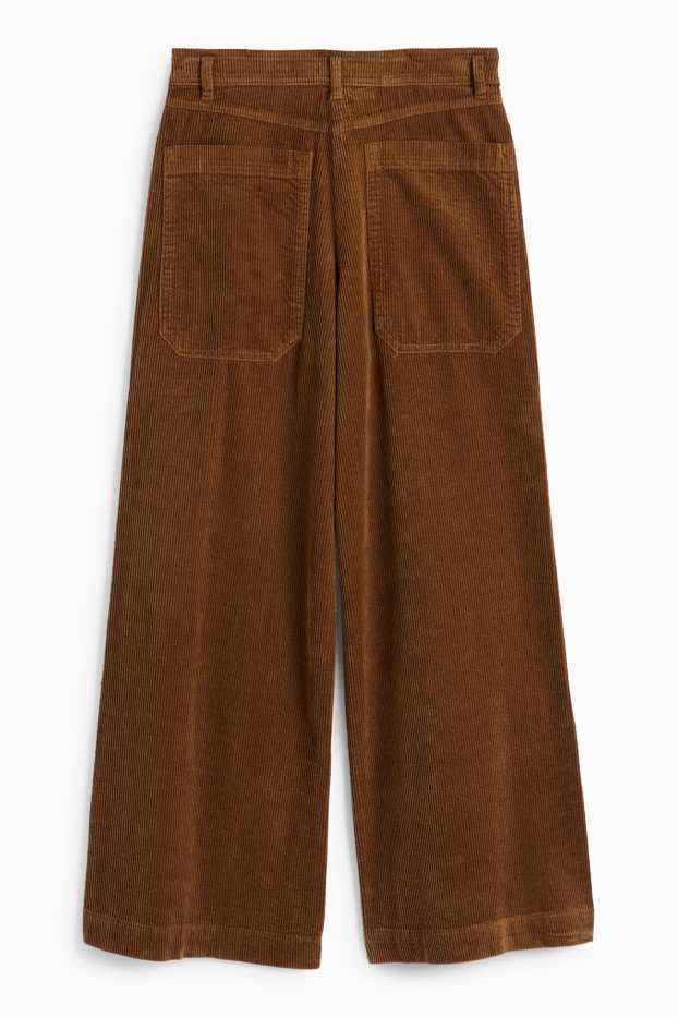 Dámské - Manšestrové kalhoty - mid waist - wide leg - LYCRA® - hnědá