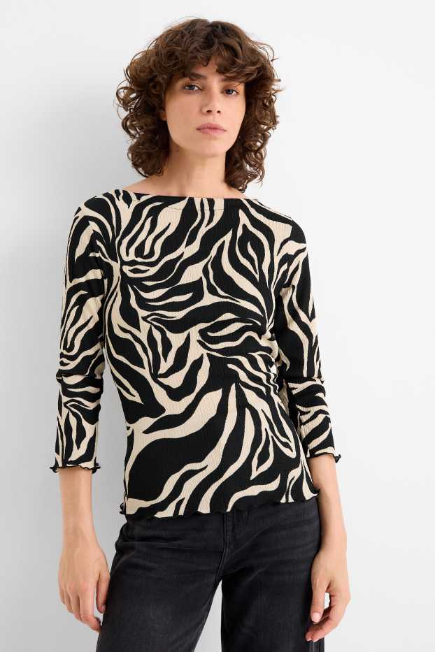 Damen - Langarmshirt - gemustert - strukturiert - schwarz / beige