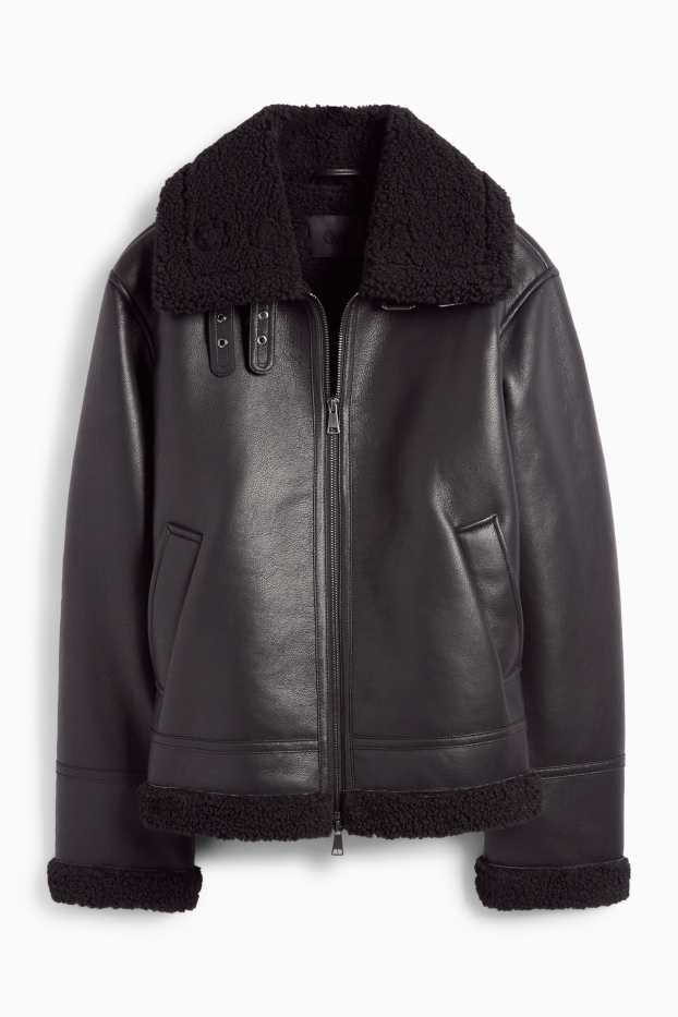 Femei - Jachetă din piele shearling falsă - imitație de piele - negru
