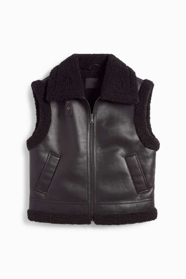 Femei - Vestă din piele shearling sintetică - imitație de piele - negru