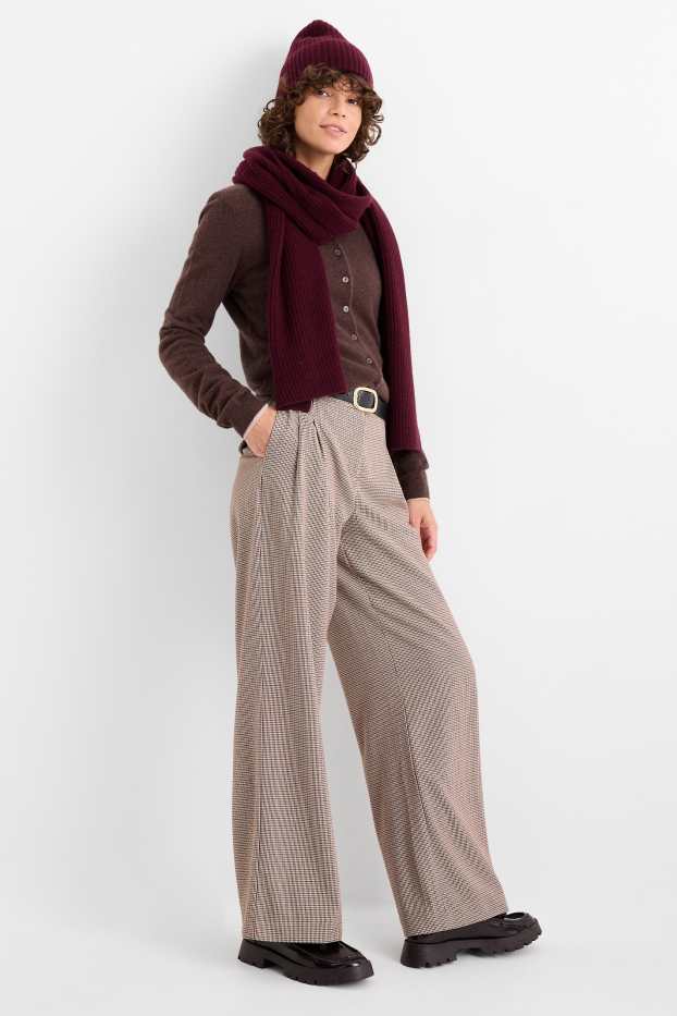 Femei - Pantaloni de stofă - talie medie - wide leg - în carouri - bej