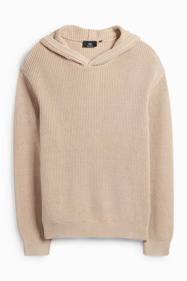 Hommes - Pull à capuche - finition côtelée - beige